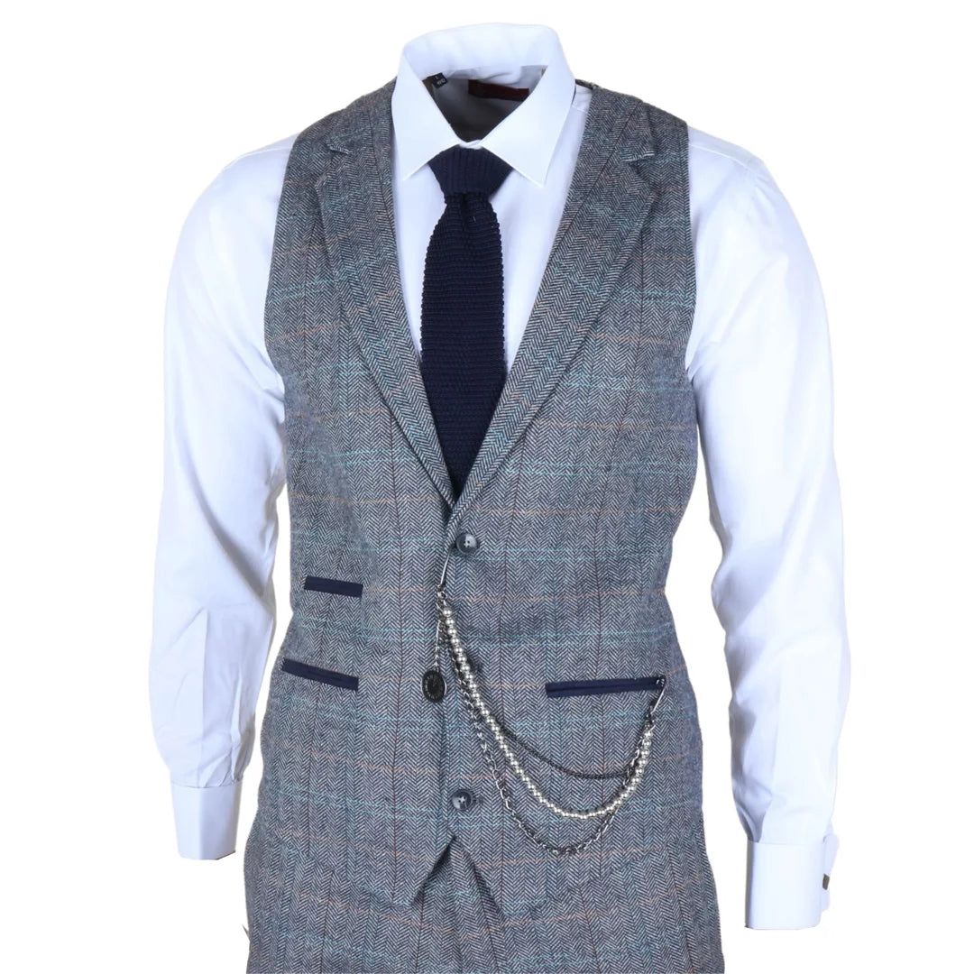 Men's 3 Piece Wool Tweed Light Blue Grey Check Suit