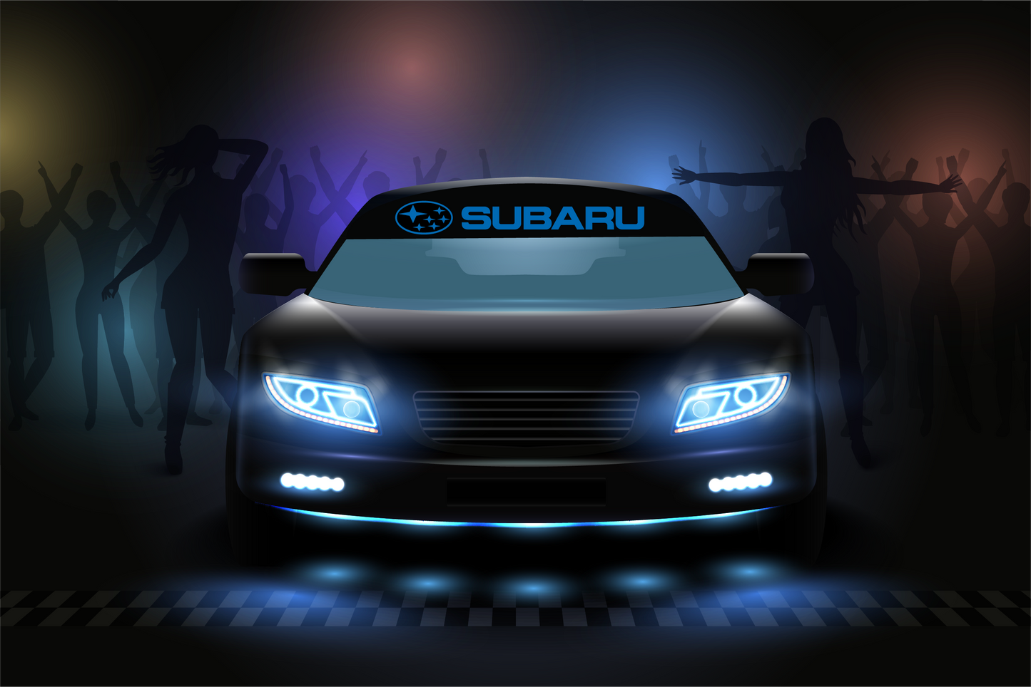Subaru car with glowing headlights on a dark background