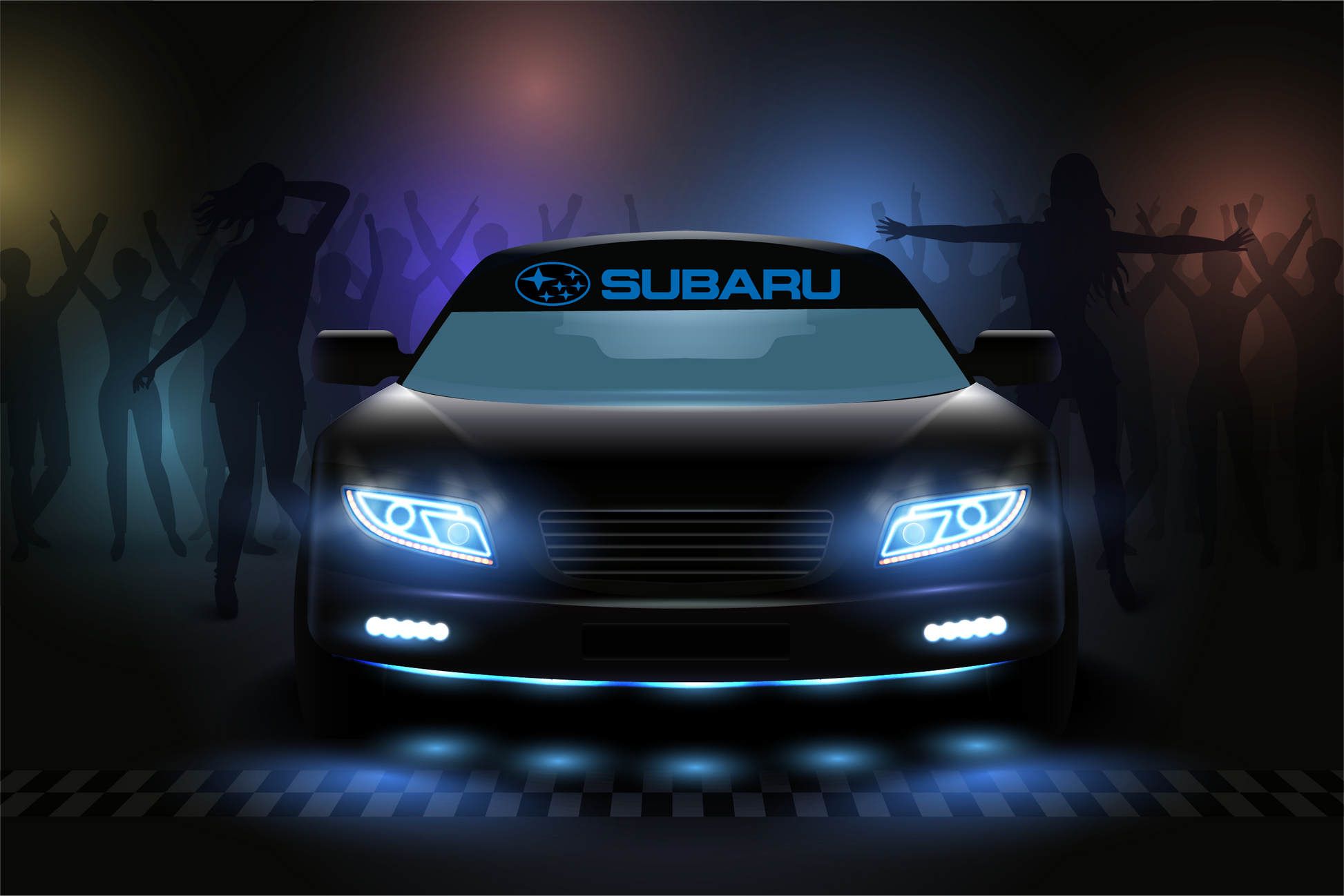 Subaru car with glowing headlights on a dark background