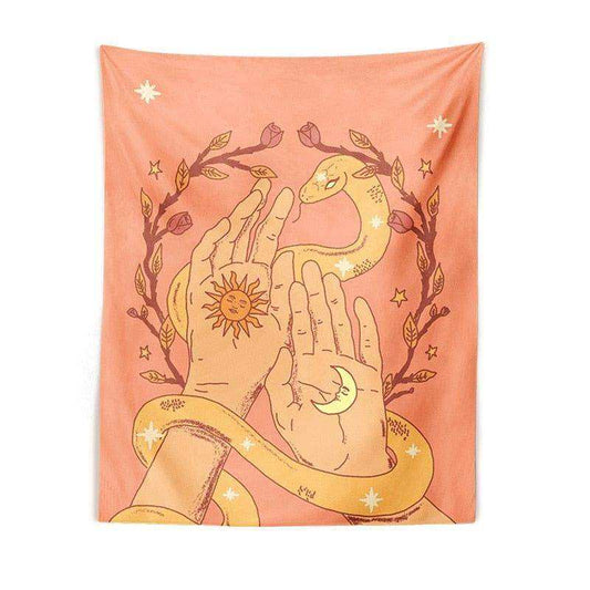 Tapestry with hands, snake, sun, and moon design on a peach background