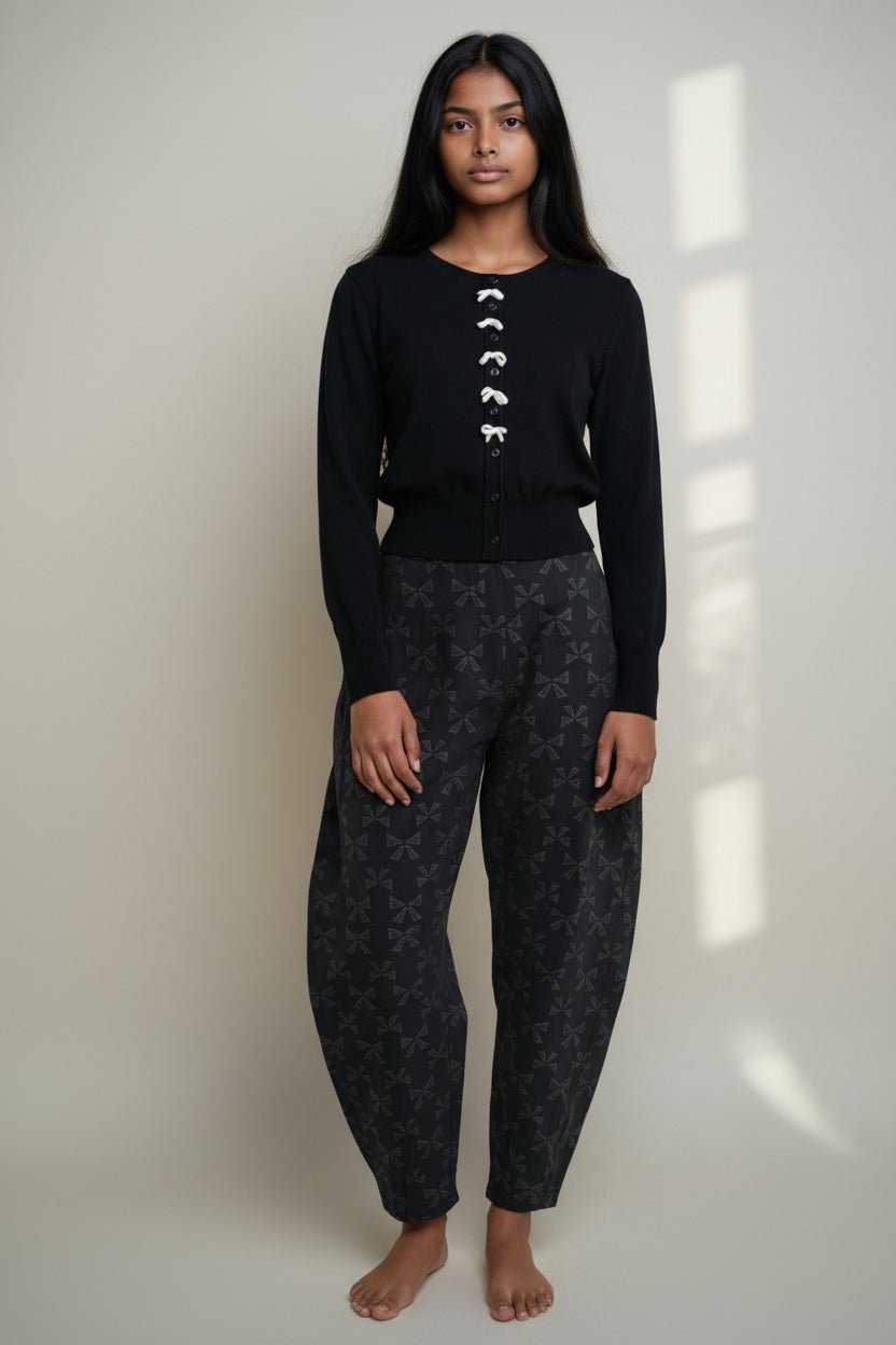 Sutton Black Bow Jacquard Barrel Trousers - Bascora