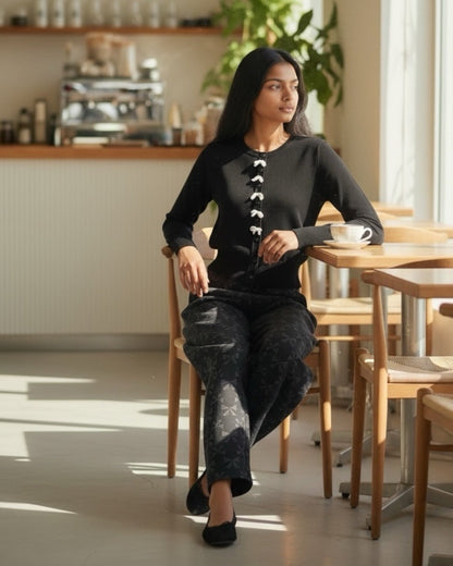 Sutton Black Bow Jacquard Barrel Trousers - Bascora