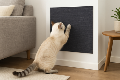 Tabby cat using dark gray wall-mounted scratching mat