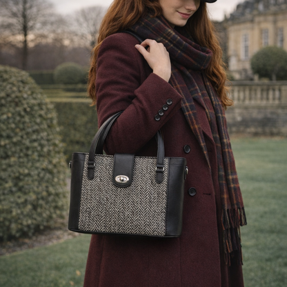 Tannery Tweed & Leather Mini Twist Lock Shopper Bag – Black