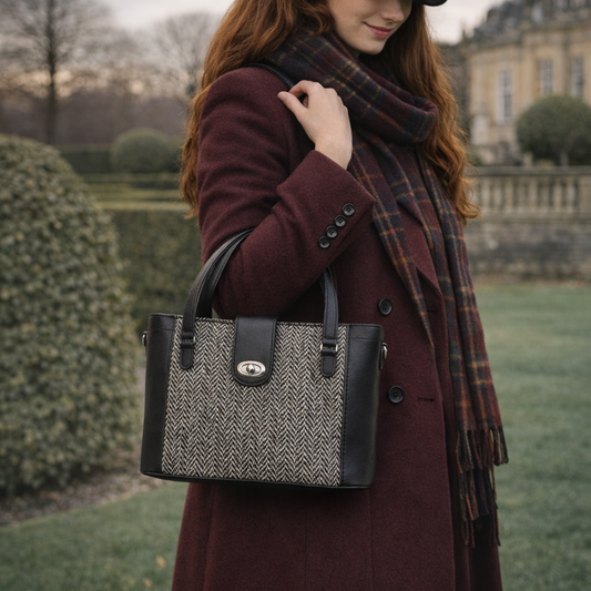 Tannery Tweed & Leather Mini Twist Lock Shopper Bag – Black
