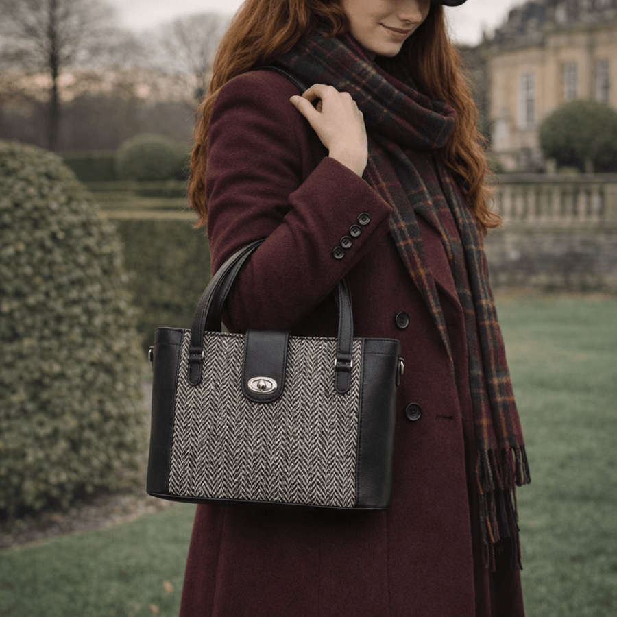 Tannery Tweed & Leather Mini Twist Lock Shopper Bag – Black - Bascora