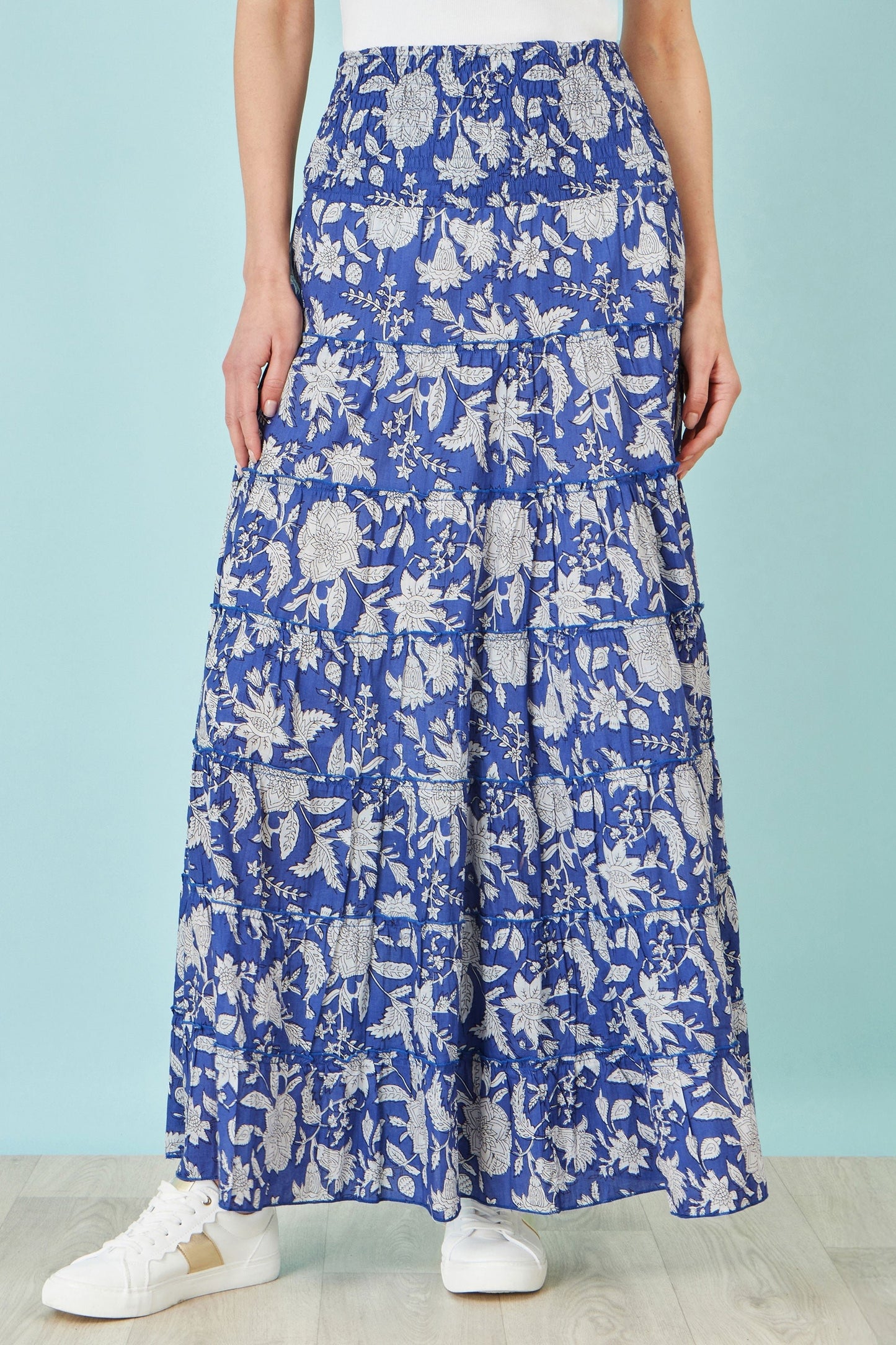 The Blue Floral – Cotton Tiered Maxi Skirt - Bascora