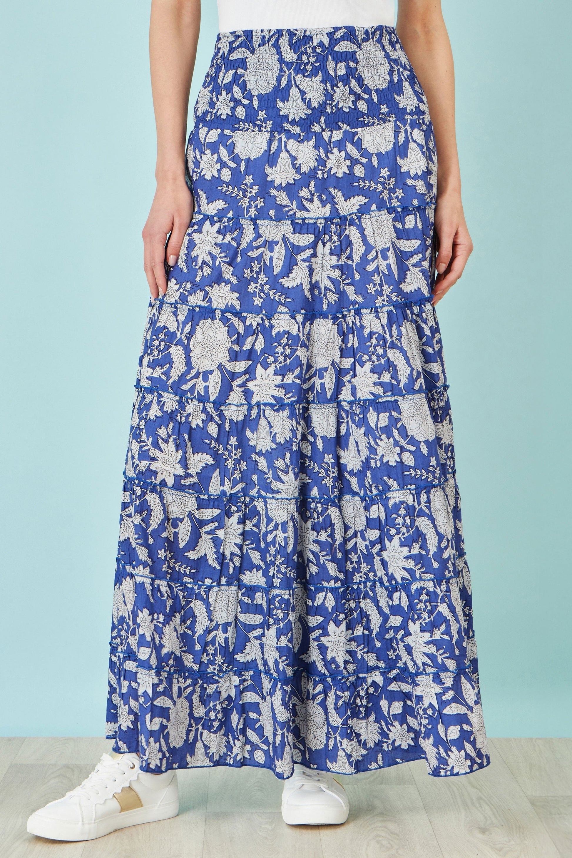The Blue Floral – Cotton Tiered Maxi Skirt - Bascora