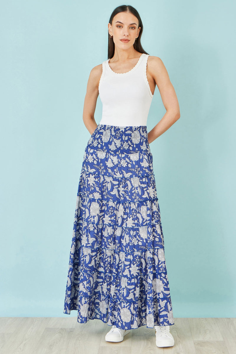 The Blue Floral – Cotton Tiered Maxi Skirt - Bascora