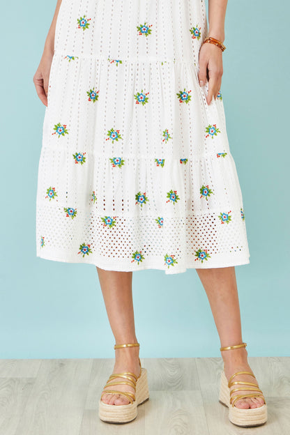 The Broderie – White Cotton Embroidered Midi Dress - Bascora