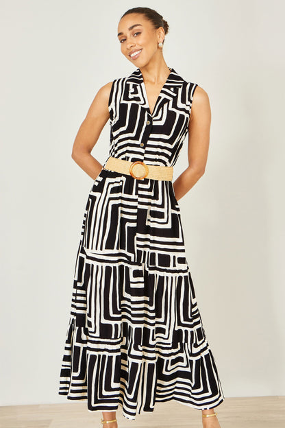 The Geo Print – Black Viscose Midi Shirt Dress - Bascora