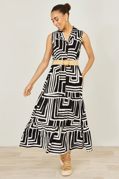 The Geo Print – Black Viscose Midi Shirt Dress - Bascora