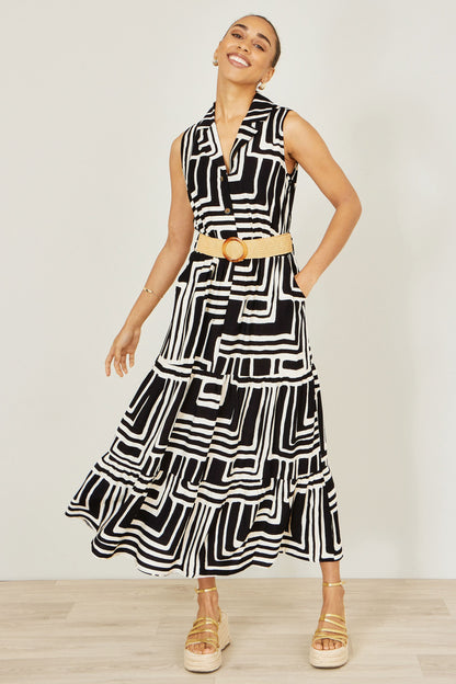 The Geo Print – Black Viscose Midi Shirt Dress - Bascora