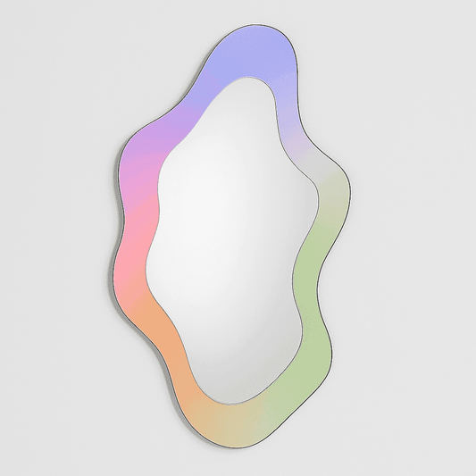 Gradient-colored mirror with wavy edge on a light gray background