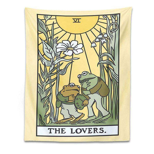 Festive tapestry with two frogs and flowers, titled 'The Lovers'.