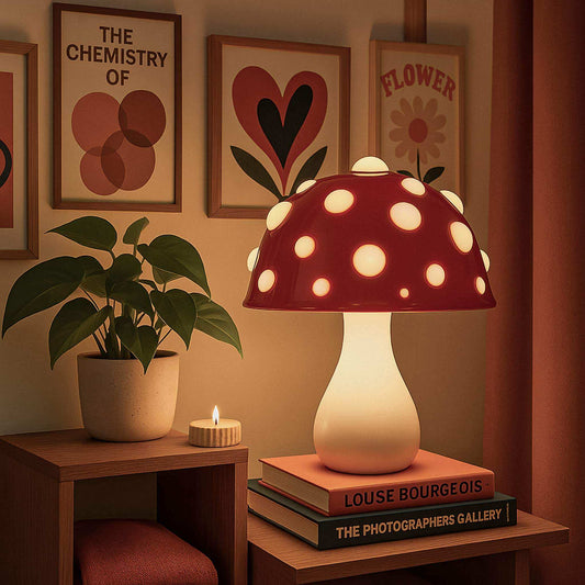 Mushroom-shaped lamp on books with a plant and candle in the background