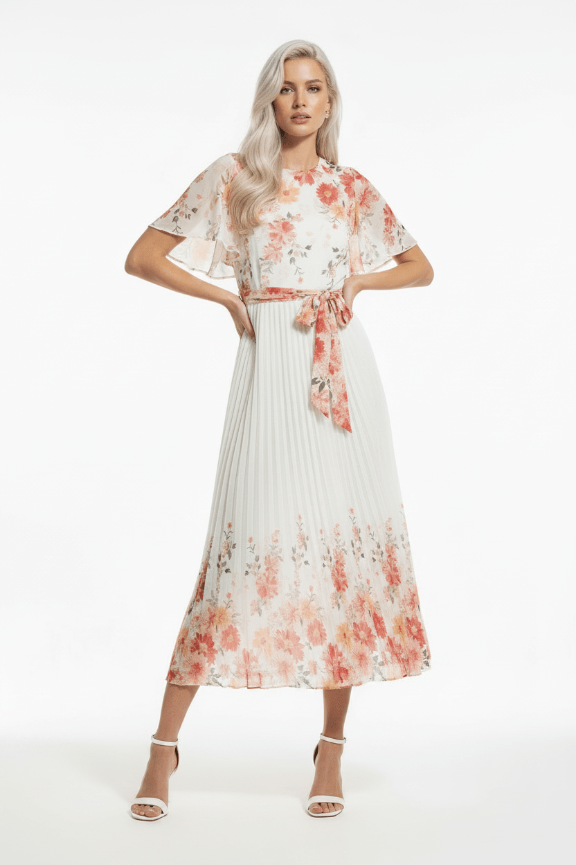 The Mirror Floral – White Pleated Midi Dress - Bascora