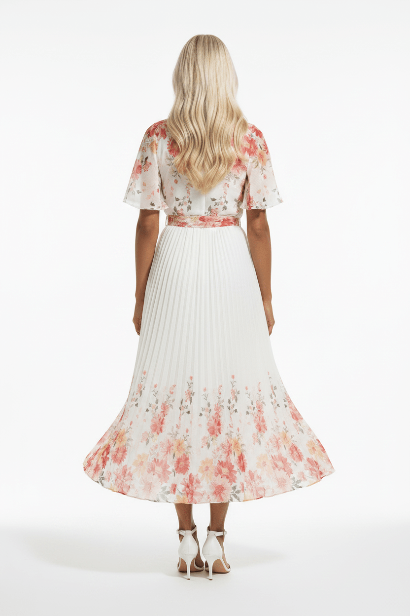 The Mirror Floral – White Pleated Midi Dress - Bascora
