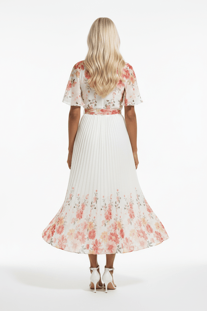 The Mirror Floral – White Pleated Midi Dress - Bascora