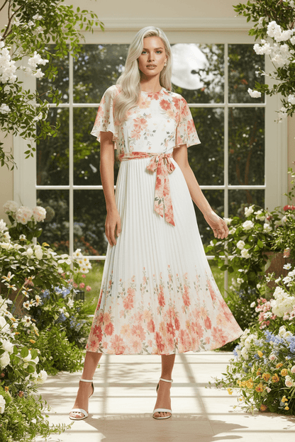 The Mirror Floral – White Pleated Midi Dress - Bascora