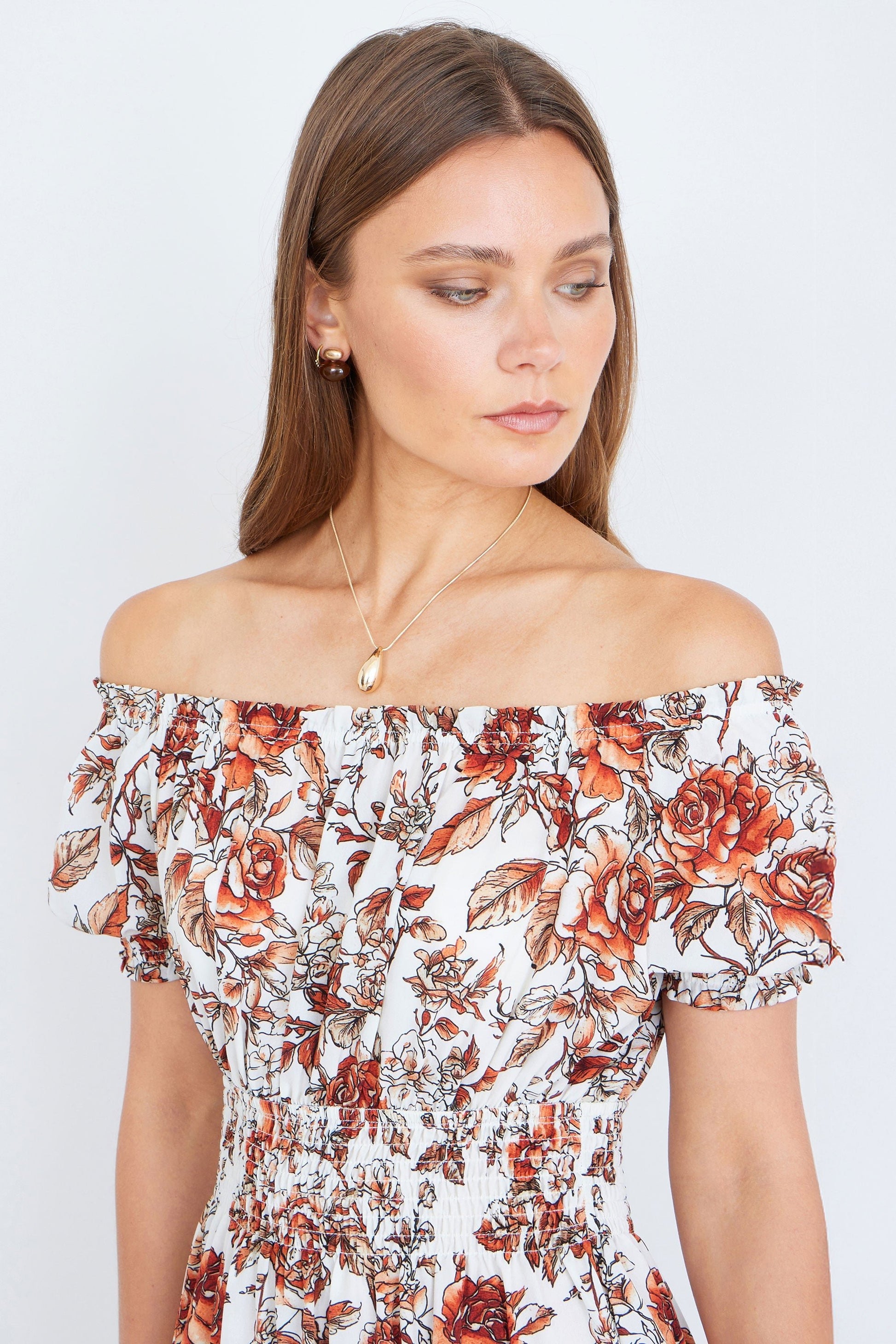 The Off-Shoulder – Orange Floral Midi Dress - Bascora