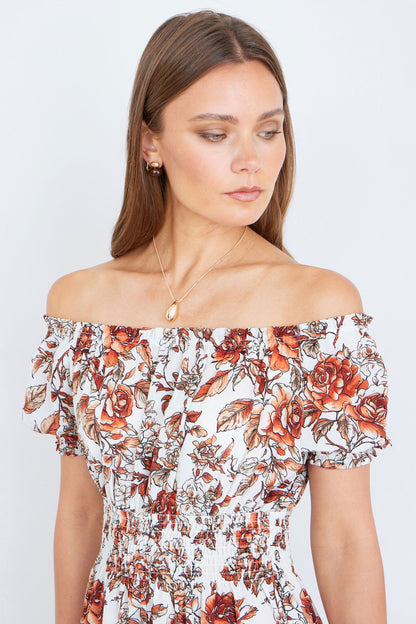 The Off-Shoulder – Orange Floral Midi Dress - Bascora