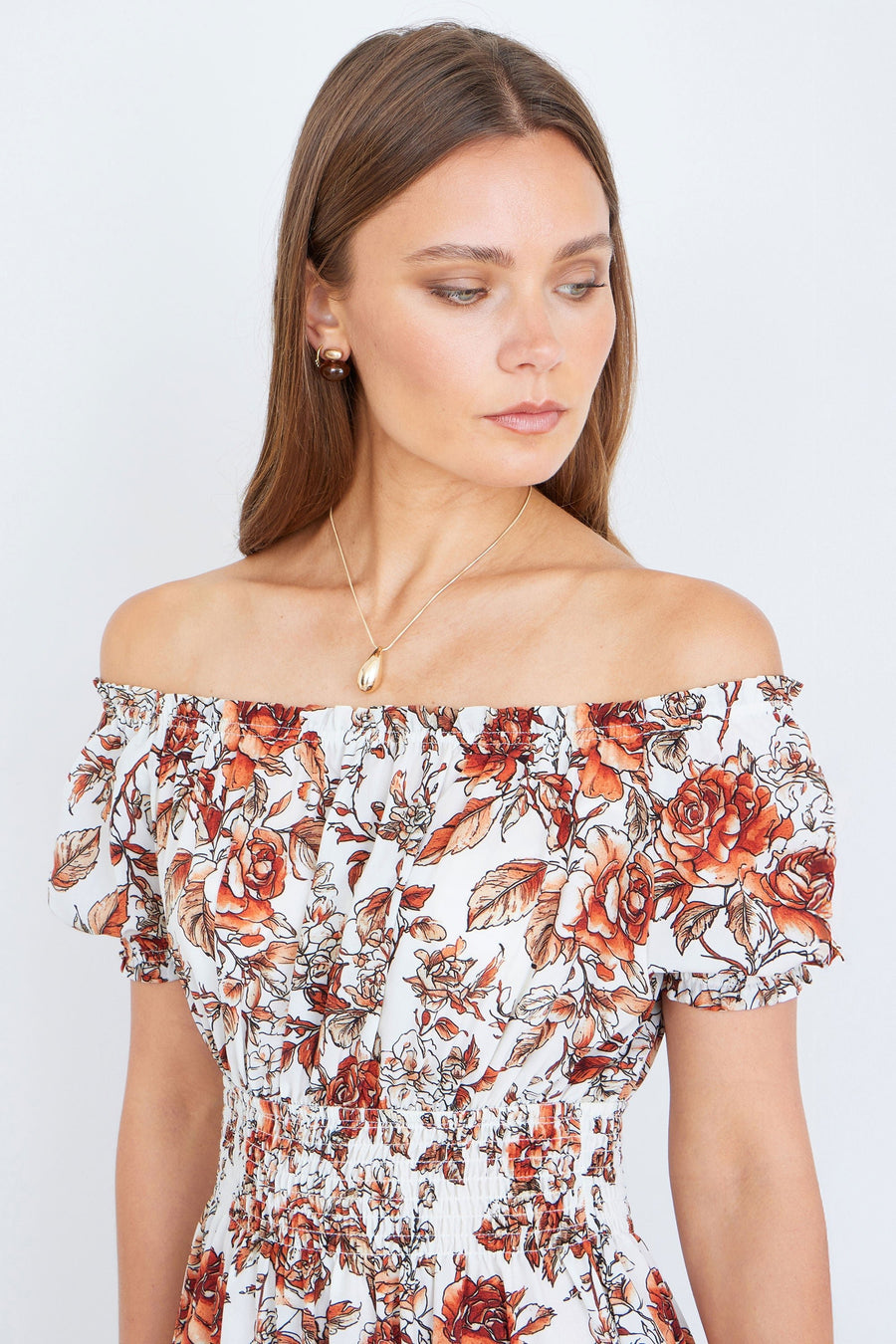 The Off-Shoulder – Orange Floral Midi Dress - Bascora