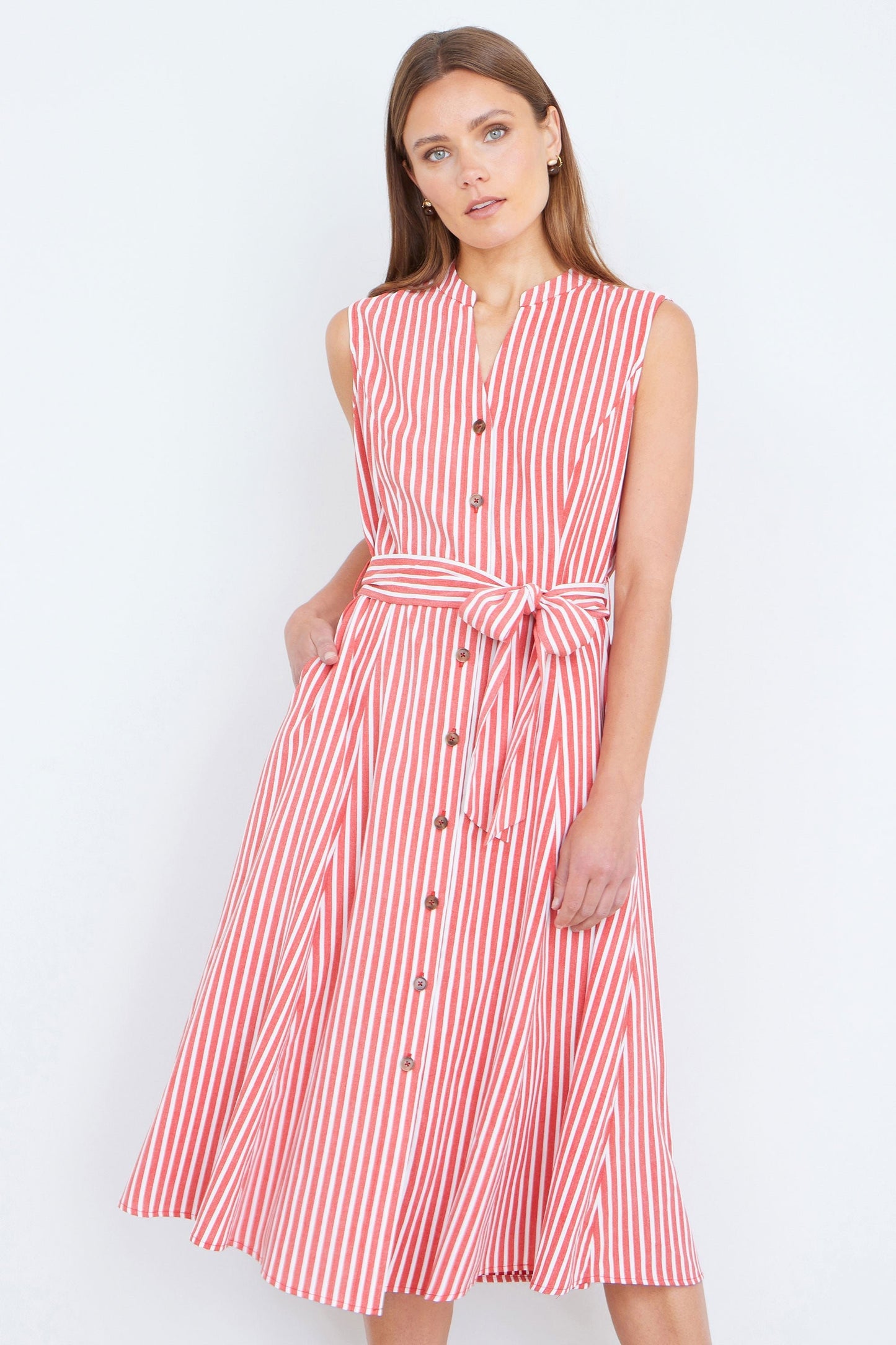 The Red Stripe – Sleeveless Midi Shirt Dress - Bascora