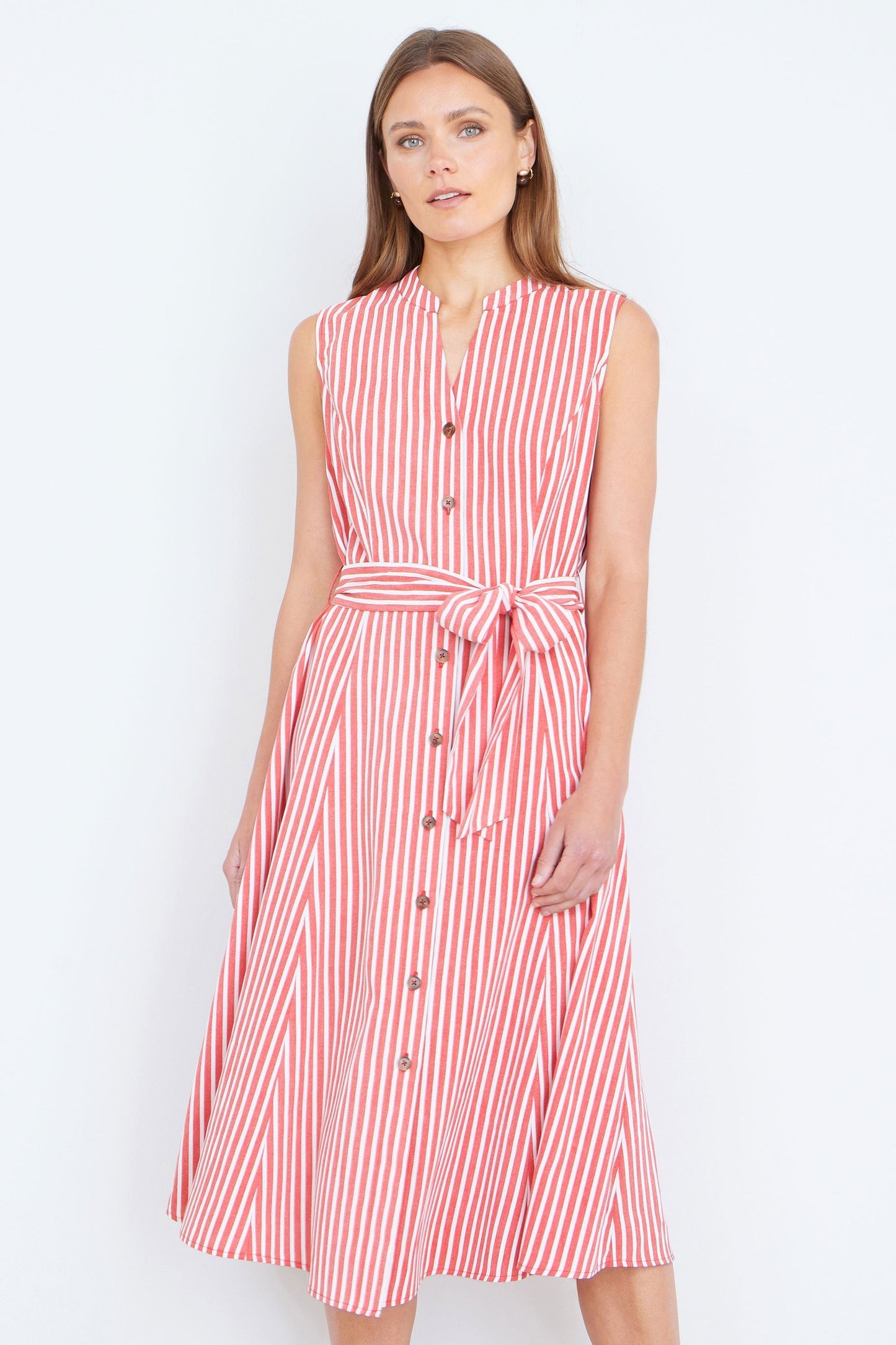 The Red Stripe – Sleeveless Midi Shirt Dress - Bascora