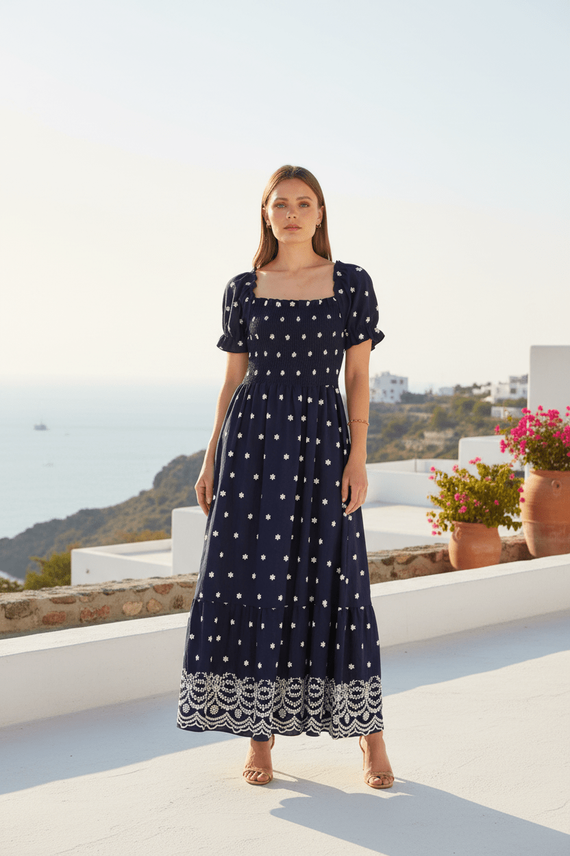 The Smocked – Navy Floral Maxi Dress - Bascora