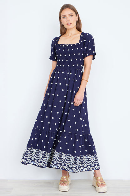The Smocked – Navy Floral Maxi Dress - Bascora