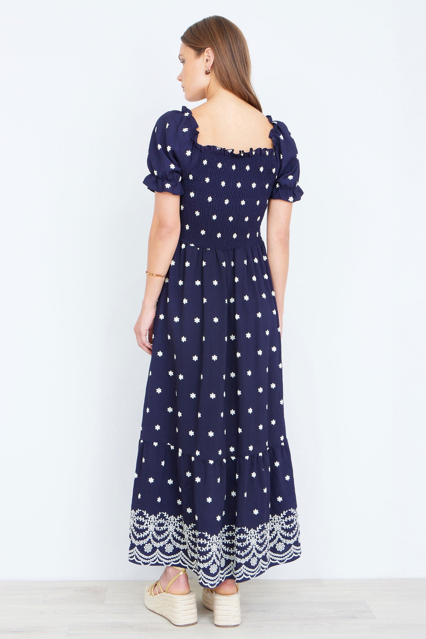 The Smocked – Navy Floral Maxi Dress - Bascora
