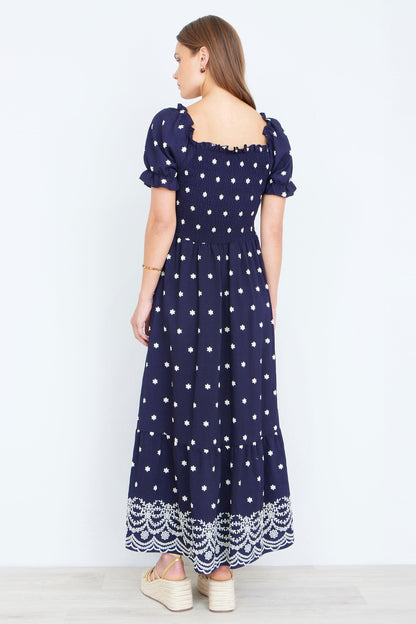 The Smocked – Navy Floral Maxi Dress - Bascora