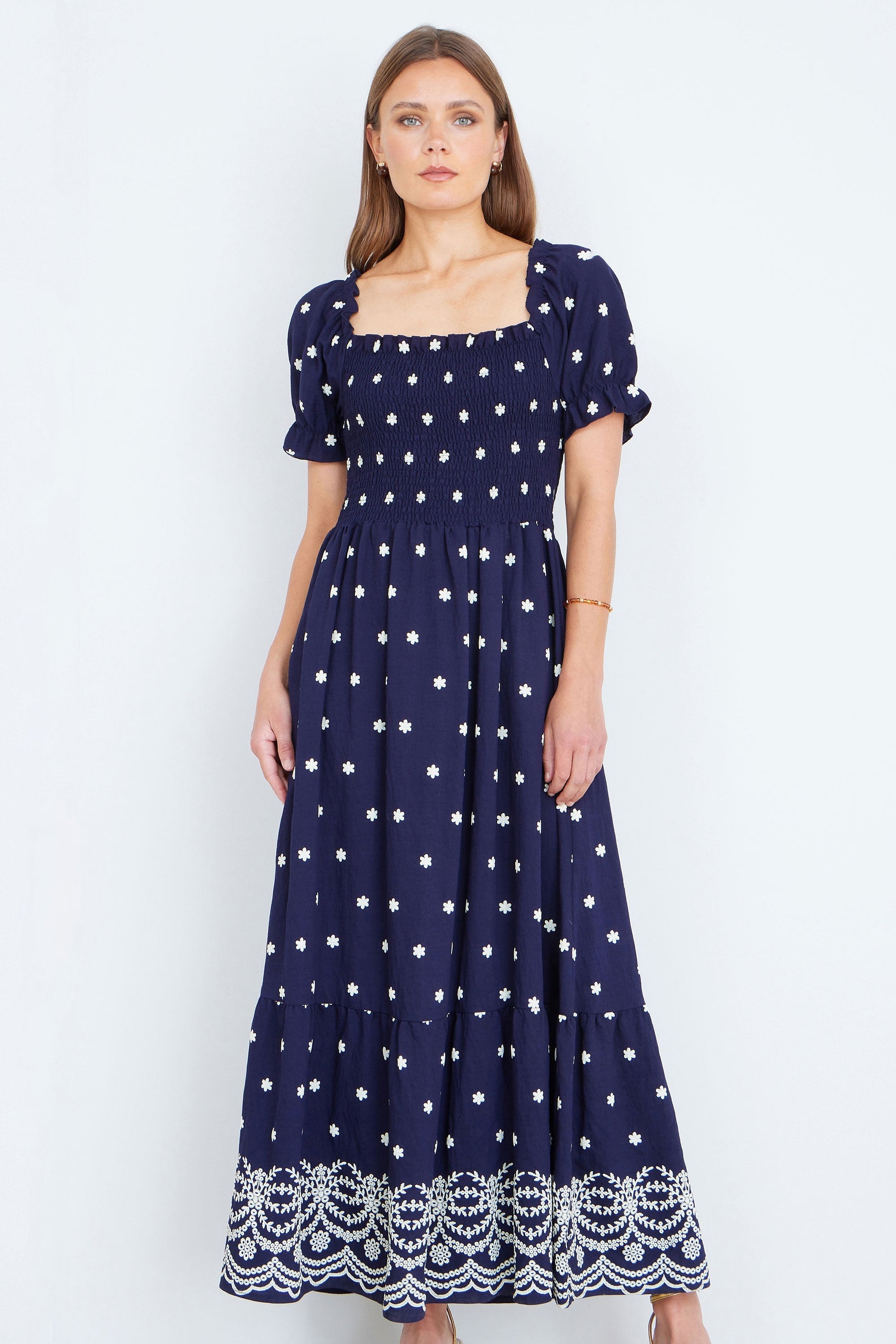 The Smocked – Navy Floral Maxi Dress - Bascora