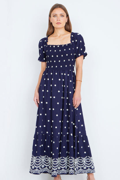 The Smocked – Navy Floral Maxi Dress - Bascora