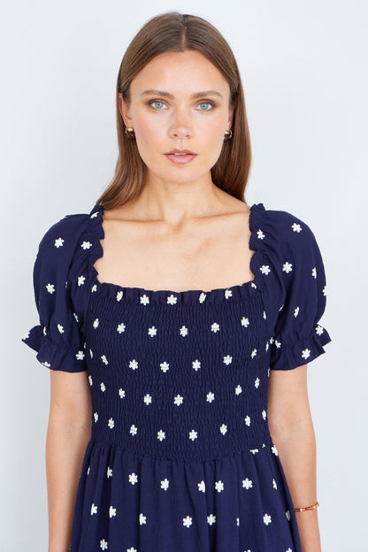 The Smocked – Navy Floral Maxi Dress - Bascora