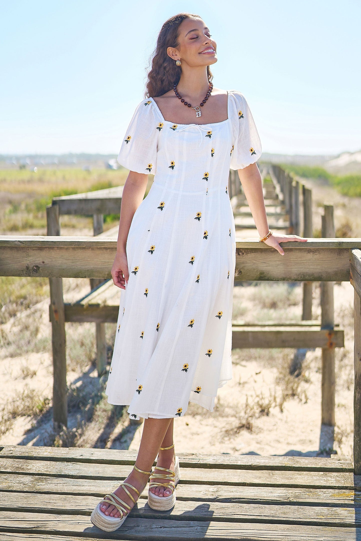 The Sunflower – White Cotton Embroidered Midi Dress - Bascora