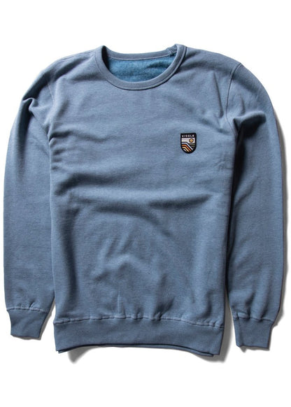 blue sweatshirt with a small logo on a white background