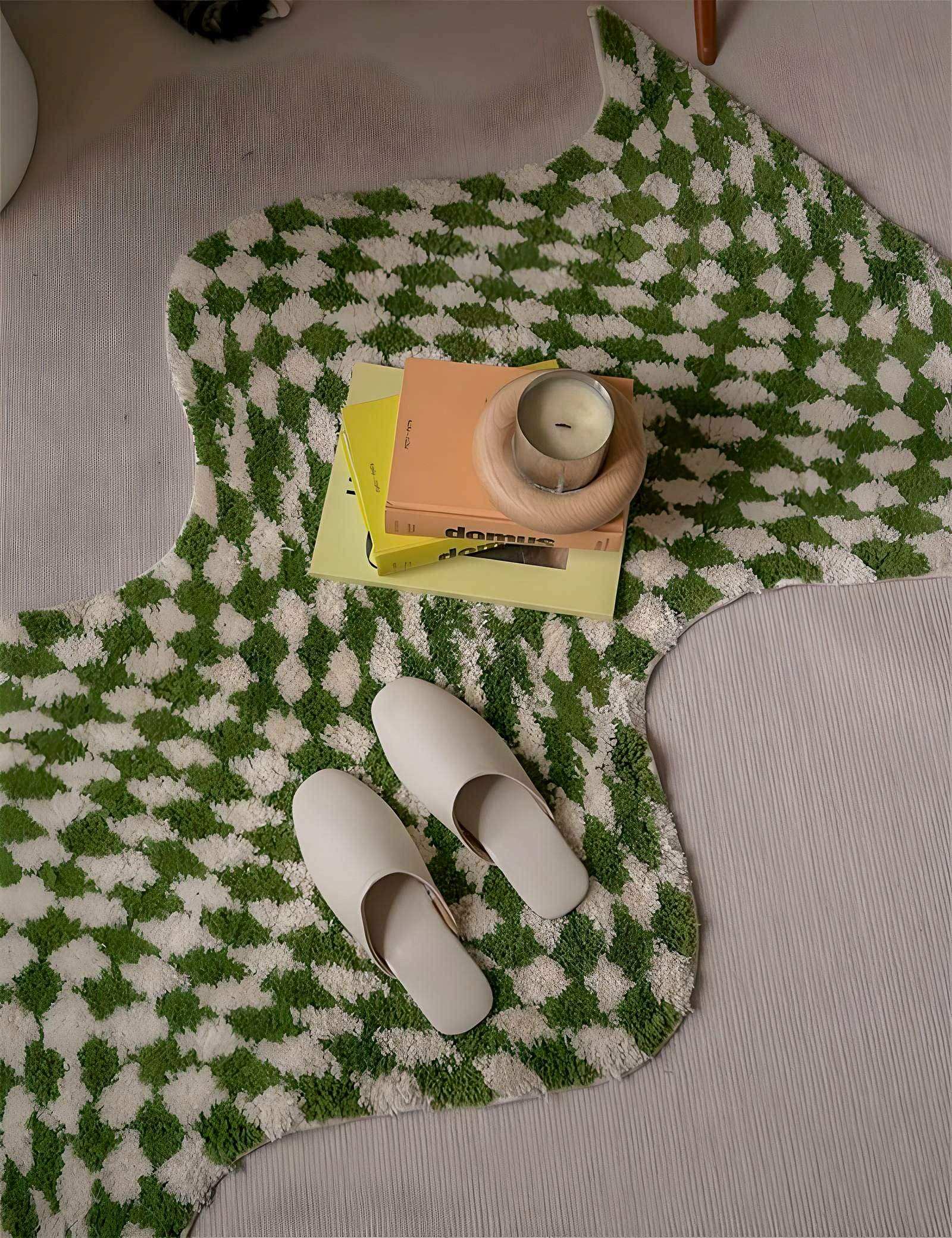 Green and white checkered rug with a stack of books, a small round object, and white slippers on top.