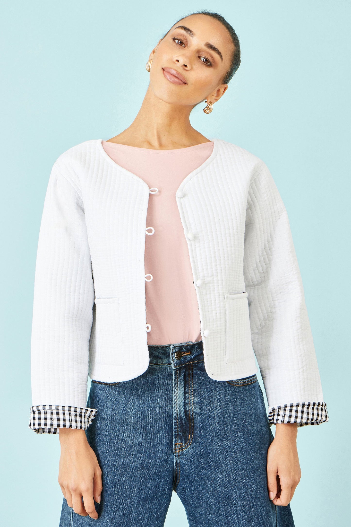 The White Gingham – Reversible Cotton Quilted Cropped Jacket - Bascora