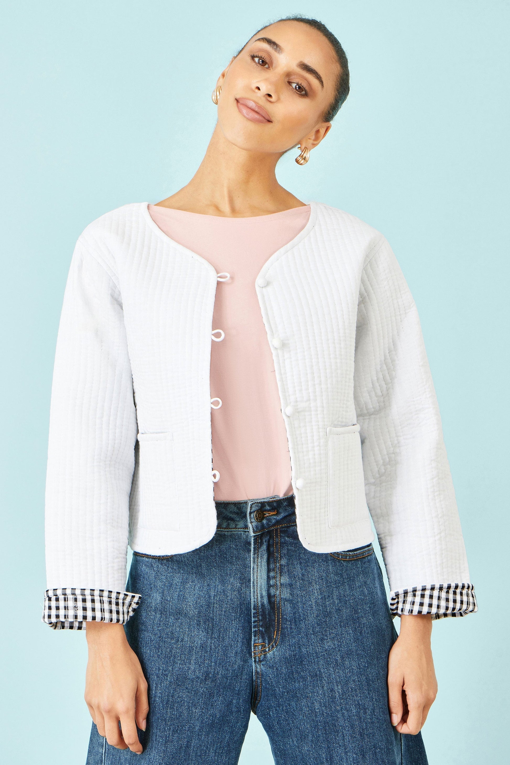 The White Gingham – Reversible Cotton Quilted Cropped Jacket - Bascora