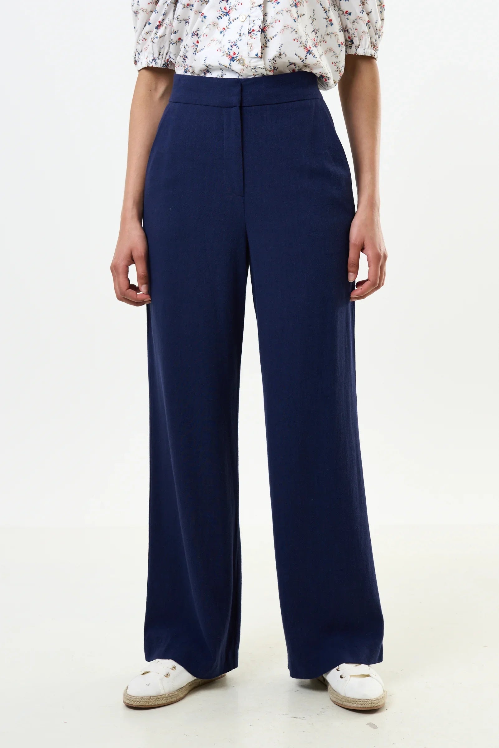 Tilde Linen Mix Straight Leg Trousers - Navy - Bascora