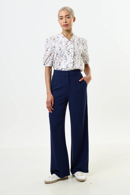 Tilde Linen Mix Straight Leg Trousers - Navy - Bascora