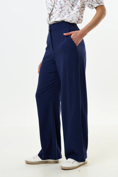 Tilde Linen Mix Straight Leg Trousers - Navy - Bascora