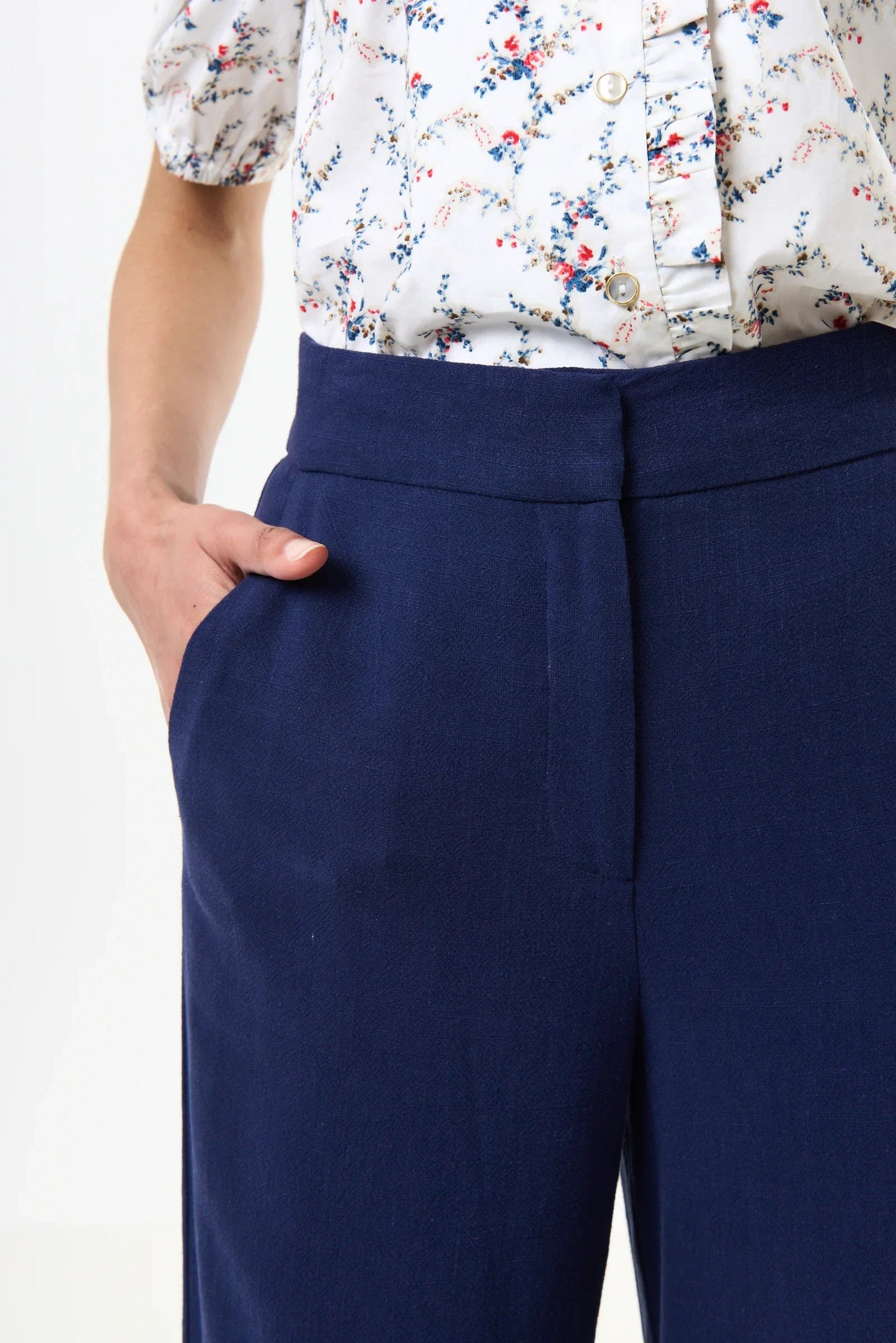 Tilde Linen Mix Straight Leg Trousers - Navy - Bascora