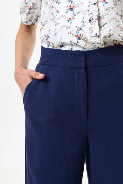 Tilde Linen Mix Straight Leg Trousers - Navy - Bascora