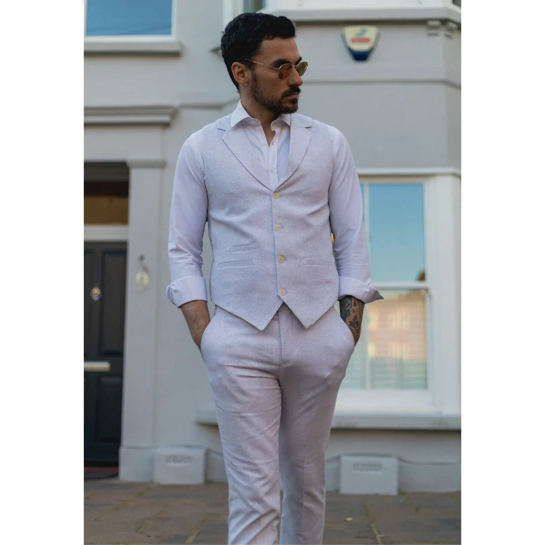 Men's Light Grey Linen Summer Wedding Suit with Waistcoat and Trousers