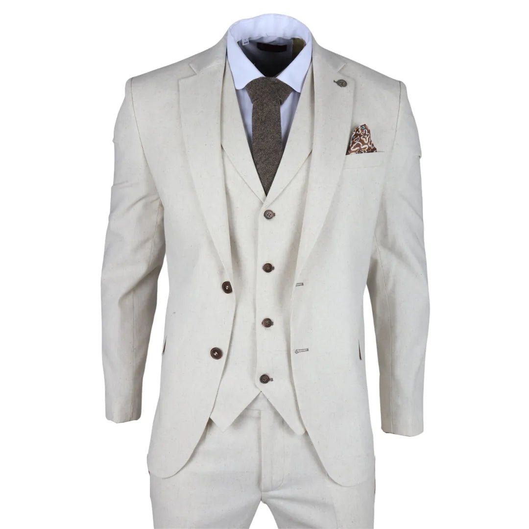 Men's Beige 3 Piece Linen Summer Wedding Suit