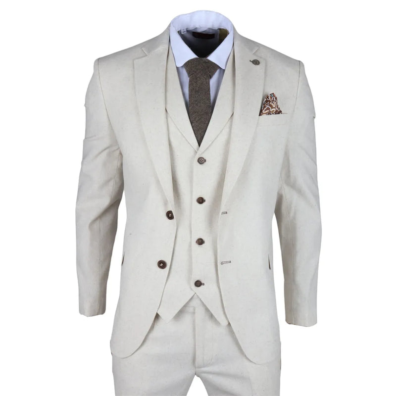 Men's Beige 3 Piece Linen Summer Wedding Suit