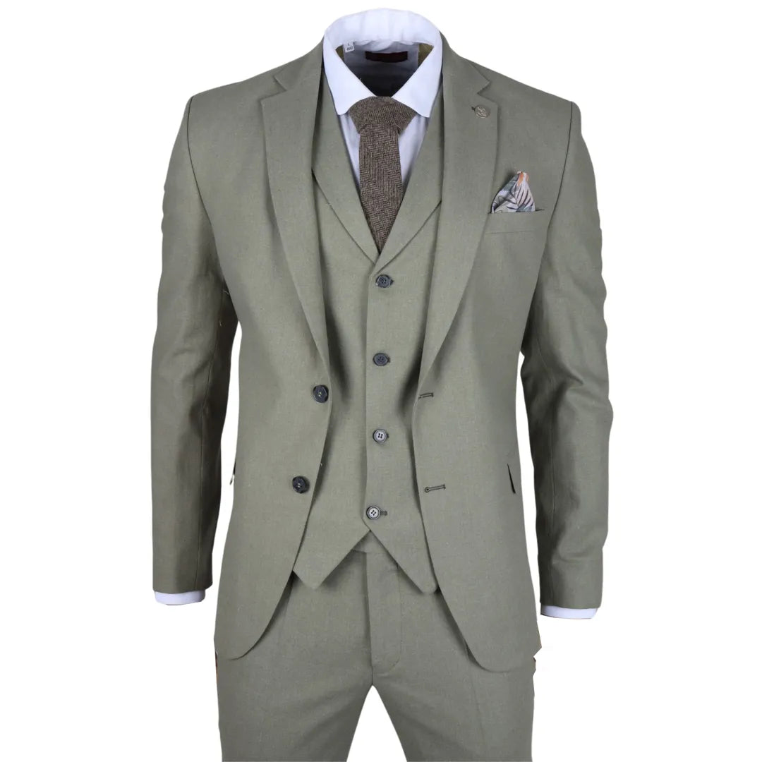 Men's Sage 3 Piece Linen Summer Wedding Suit